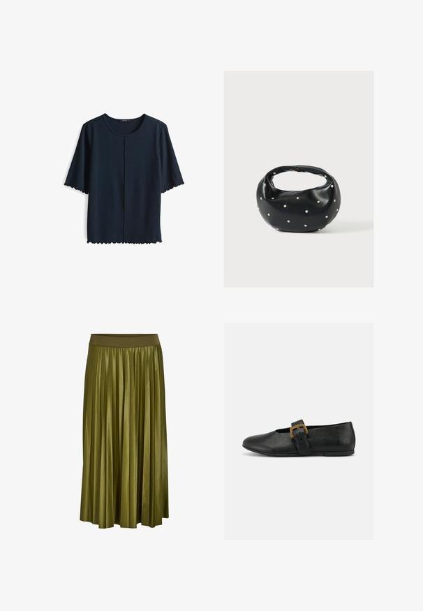 Navyblauw kortmouwtopje van zachte stof, met een ronde hals en een scalloped zoom langs de mouwen en de onderrand.; Khaki groene geplooide midirok met brede elastische tailleband en gladde stoftextuur.; Zwarte leren platte schoen met brede band en grote gouden gesp op een effen witte achtergrond.; Zwarte leren handtas met een afgeronde vorm, versierd met zilveren studs, en een korte handgreep. Gladde textuur en ritsluiting.