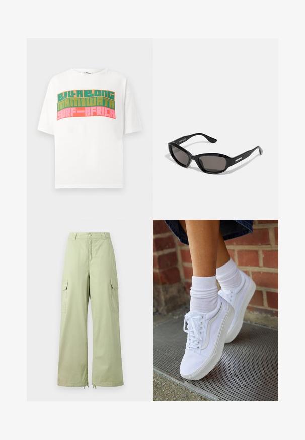 Camiseta blanca de manga corta con texto retro en bloques que dice "BILLABONG MAMIWATA SURF AFRICA" en naranja, verde y rosa.; Pantalones cargo verde claro con piernas anchas, hechos de algodón. Cuenta con dos bolsillos laterales y un cierre de botón. Textura suave y diseño casual.; Zapatillas de lona blancas con suelas de goma, que presentan seis ojales, puntera redonda y detalles de costura ligera, combinadas con calcetines blancos hasta el tobillo.; Gafas de sol negras con montura rectangular, lentes oscuros, material de plástico suave y un acento metálico en la patilla.