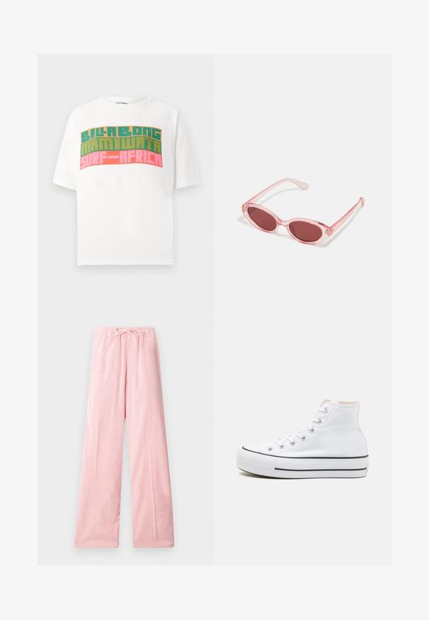 Hvid t-shirt med korte ærmer og retro blokbogstaver, der står "BILLABONG MAMIWATA SURF AFRICA" i orange, grøn og pink.; Lyserøde vide bukser lavet af blødt stof, med en elastisk talje og snøre for justerbar pasform og subtil tekstur.; Hvide høj-top sneakers lavet af kanvasmateriale, sort gummisål og kontrasterende sort stribe på mellemsålen. Rund tåhætte og snørebåndsdesign.; Lyserøde transparente solbriller med ovale linser, mørkerød toning og slanke stænger, der har en glat overflade og diskret detaljering på rammen.