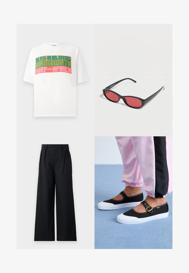 Weißes T-Shirt mit kurzen Ärmeln und retro Blockschrift mit dem Schriftzug "BILLABONG MAMIWATA SURF AFRICA" in Orange, Grün und Pink.; Schwarze weit geschnittene Hose aus glattem Stoff, mit einem Knopfverschluss und Falten für zusätzliche Struktur. Einfaches, minimalistisches Design.; Schwarze Leinenschuhe mit einer weißen Sohle, die ein Ausschnittdesign und einen goldenen Schnallenriegel aufweisen. Getragen mit rosa Sporthosen.; Schwarze ovale Sonnenbrille mit schlanken Bügeln und rot getönten Gläsern, die auf einer weißen Oberfläche liegt.