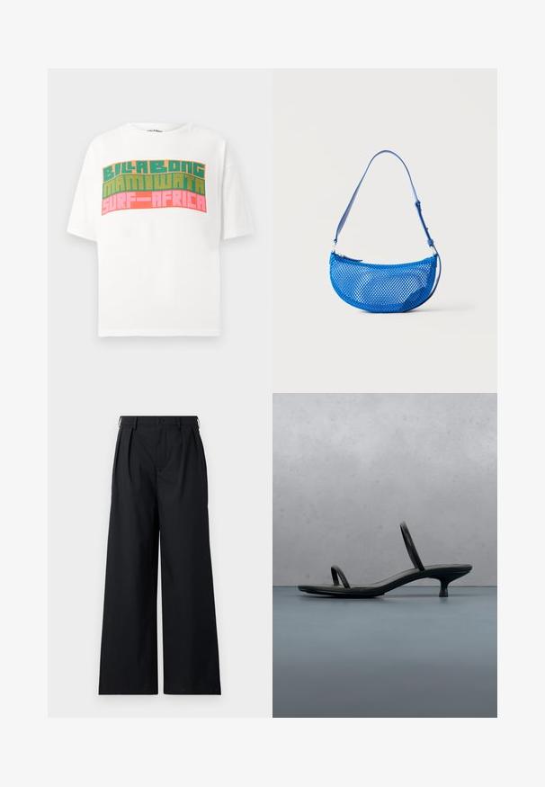Camiseta blanca de manga corta con texto retro en bloques que dice "BILLABONG MAMIWATA SURF AFRICA" en naranja, verde y rosa.; Pantalones de pierna ancha negros, confeccionados con una tela suave, que presentan un cierre de botón y pliegues para mayor estructura. Diseño simple y minimalista.; Sandalia de tacón negra Calvin Klein con tiras finas, equilibrada sobre baldosas de madera al aire libre cerca de una pared y vegetación.; Bolso azul de malla para el hombro con correa ajustable y cierre de cremallera, mostrado sobre un fondo blanco liso.
