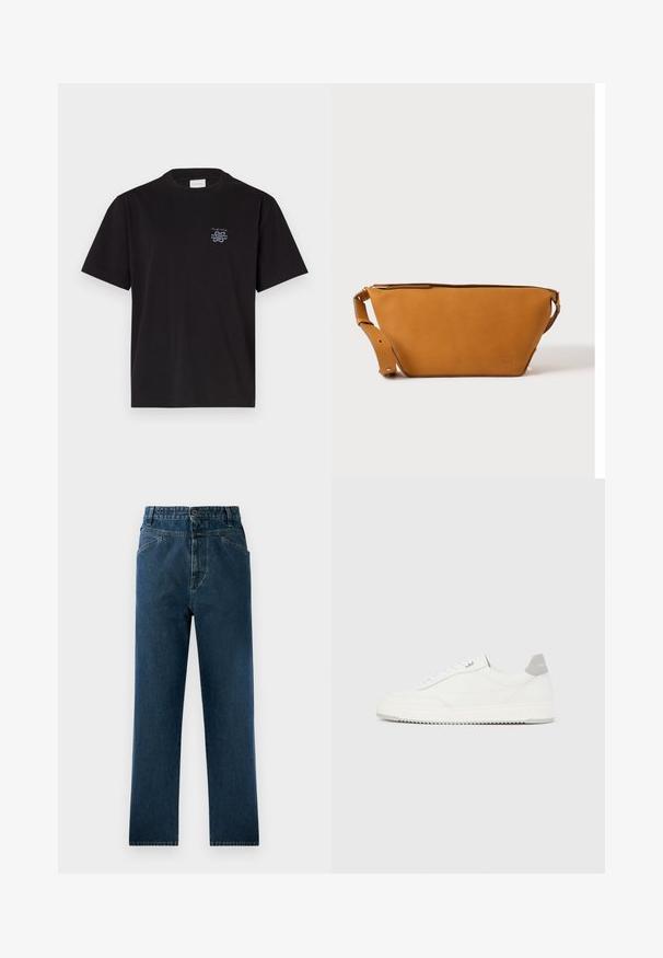 Sort bomulds t-shirt med rund hals og korte ærmer. Har et lille blåt logo på venstre bryst. Simpel, lige snit design.; Mørkeblå denim straight-leg jeans med høj talje, der har forlommer og en knaplukning. Struktureret stof med subtil falmning.; Hvid lavtop-sneaker med gråt hælflig, hvide snørebånd og tekstureret sål, vist på en ensfarvet lys baggrund.; Lys brun læder crossbody taske med justerbar rem og lynlås, vist mod en ensartet lys baggrund.