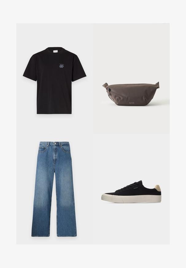 Schwarzes Baumwoll-T-Shirt mit Rundhalsausschnitt und kurzen Ärmeln. Mit einem kleinen blauen Logo auf der linken Brust. Einfaches, gerade geschnittenes Design.; Breite blaue Denim-Jeans mit klassischem Fünf-Taschen-Design, Knopfverschluss vorne und leichtem Verblassen für Textur.; Schwarzer Low-Top-Sneaker mit beigem Fersenlasche, weißer dicker Gummisohle, schwarzen Schnürsenkeln und kleinem "PS Paul Smith"-Label an der Seite.; Dunkelbraune Stoff-Gürteltasche mit diagonalem Reißverschlussfach und kleinem weißen Logo vorne, vor einem einfarbigen hellen Hintergrund.