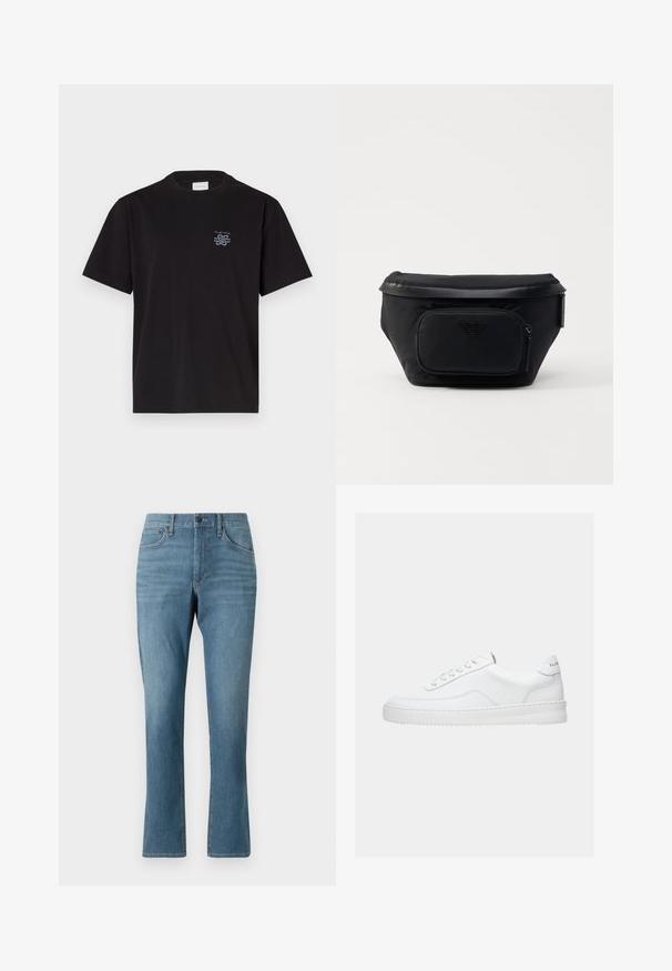 Camiseta de algodón negra con cuello redondo y mangas cortas. Presenta un pequeño logo azul en el lado izquierdo del pecho. Diseño simple y de corte recto.; Vaqueros de mezclilla azul claro con corte recto, que cuentan con bolsillos delanteros y traseros, cremallera en la bragueta y un ligero desvanecimiento en la tela.; Zapatilla deportiva blanca de corte bajo con diseño con cordones, parte superior de cuero liso y suela gruesa, vista de lado sobre un fondo liso.; Bolsa negra de nailon con un bolsillo delantero con cremallera, presenta una textura lisa y un acento de logo. Diseño estructurado con una tapa plegable.