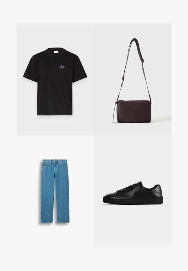 Sort bomulds t-shirt med rund hals og korte ærmer. Har et lille blåt logo på venstre bryst. Simpel, lige snit design.; Blå straight-leg jeans i denim med forlommer, bæltestropper og knaplukning, vist mod en hvid baggrund.; Svært lavprofileret sort lædersneaker med snørebånd foran og tekstureret flad sål, vist fra siden på en neutral baggrund.; Mørkebrun textured læder crossbody taske med justerbar rem og lille dekorativ blå accent på siden.