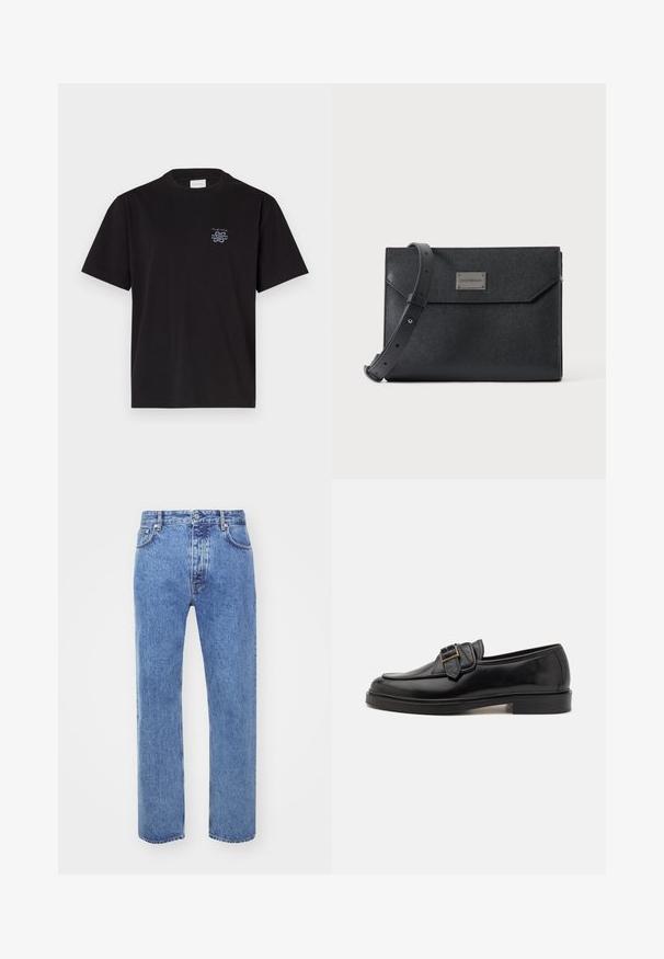 Schwarzes Baumwoll-T-Shirt mit Rundhalsausschnitt und kurzen Ärmeln. Mit einem kleinen blauen Logo auf der linken Brust. Einfaches, gerade geschnittenes Design.; Won Hundred STEVE - Jeans Relaxed Fit - cut blue; Schwarze Leder-Lederschuhe mit abgerundeter Zehenpartie und dekorativem Schnallenakzent. Flacher, solider Absatz und durchgehend glatte Oberfläche.; Schwarze, strukturierte Leder-Umhängetasche mit verstellbarem Riemen und Metall-Logoplatte vorne, rechteckige Umschlagklappe.