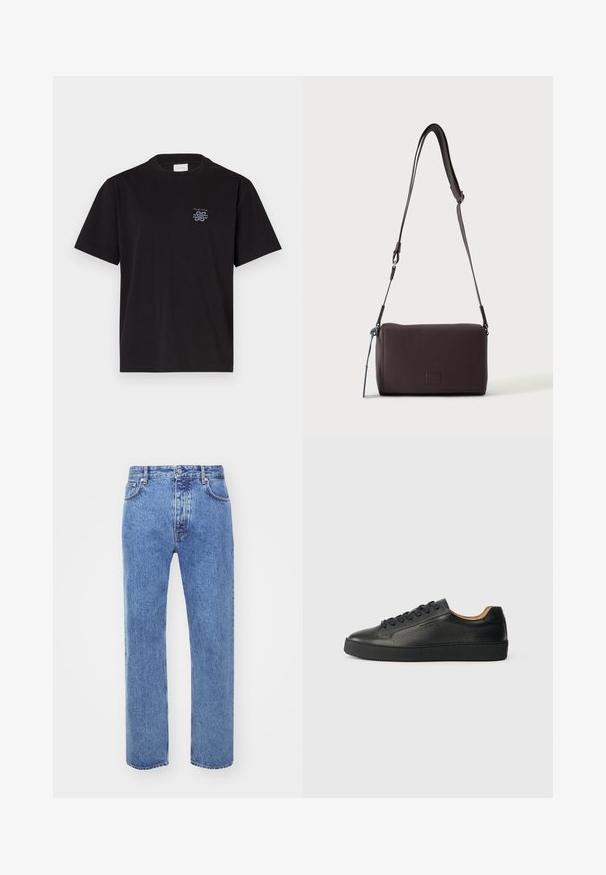 Schwarzes Baumwoll-T-Shirt mit Rundhalsausschnitt und kurzen Ärmeln. Mit einem kleinen blauen Logo auf der linken Brust. Einfaches, gerade geschnittenes Design.; Won Hundred STEVE - Jeans Relaxed Fit - cut blue; Schwarze, niedrig geschnittene Ledersneaker mit strukturierter Oberfläche, schwarzen Schnürsenkeln und dicker Gummisohle, seitlich auf einem hellen Hintergrund dargestellt.; Dunkelbraune, strukturierte Leder-Crossbody-Tasche mit verstellbarem Riemen und kleinem dekorativen blauen Akzent an der Seite.