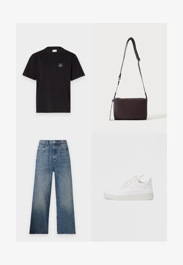 Schwarzes Baumwoll-T-Shirt mit Rundhalsausschnitt und kurzen Ärmeln. Mit einem kleinen blauen Logo auf der linken Brust. Einfaches, gerade geschnittenes Design.; Blaue Denim-Hosen mit weitem Bein und hohem Bund, mit subtilen Verfärbungen, fünf Taschen und einem Metallknopfverschluss vorne.; Weißer Ledersneaker mit abgerundetem Zehenbereich, flacher Sohle und Schnürverschluss. Verfügt über Nahtdetails und einen gepolsterten Kragen für zusätzlichen Komfort.; Dunkelbraune, strukturierte Leder-Crossbody-Tasche mit verstellbarem Riemen und kleinem dekorativen blauen Akzent an der Seite.