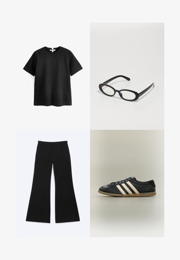 Camiseta negra de manga corta hecha de algodón. Cuello redondo con dobladillo recto y sin patrones ni gráficos visibles. Textura suave y lisa.; Pantalones negros de pierna ancha con trabillas y bolsillos laterales, exhibidos planos sobre un fondo blanco.; Zapatilla Adidas Gazelle negra con rayas blancas, cordones negros y suela marrón claro, mostrada en perfil lateral sobre fondo neutro.; Gafas ovaladas negras con cristales transparentes, con un acabado suave y patillas anchas. Los cristales tienen un ligero tinte morado. Logo en el lado.
