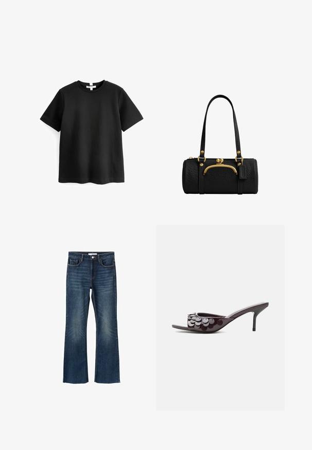 Zwart T-shirt met korte mouwen van katoen. Ronde hals met een rechte zoom en zonder zichtbare patronen of graphics. Zachte, gladde textuur.; Donkerblauwe bootcut jeans met lichte vervaging op de dijen en knieën, vijfzakkenmodel en een knoopsluiting aan de voorkant.; Donkerpaarse mule met open teen, mid-hoogte naaldhak en cirkelvormige paillettenversieringen op de bovenste band.; Zwarte cilindervormige handtas van gestructureerd leer met lange banden en gouden sluitingsdetails, inclusief een klein voorvak voor een portemonnee en een leren label.