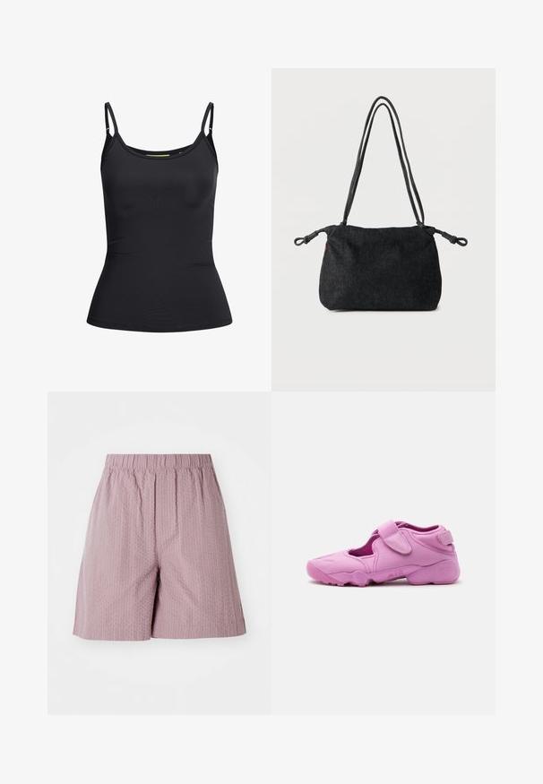 Zwart aangesloten dames top zonder mouwen met dunne verstelbare schouderbandjes en een lichte ronde hals, getoond op een witte achtergrond.; Lichtroze shorts van gestructureerde stof met een elastische tailleband en een rechte snit. Heeft een subtiel patroon en een nette zoom.; Roze sportschoen met uitgesneden zijkanten, verstelbare klittenbandsluiting aan de bovenkant en een dikke zool met "AIR" aan de zijkant.; Zwarte denim schoudertas met dubbele koordbandjes en geknoopte uiteinden aan beide zijden, afgebeeld tegen een effen witte achtergrond.