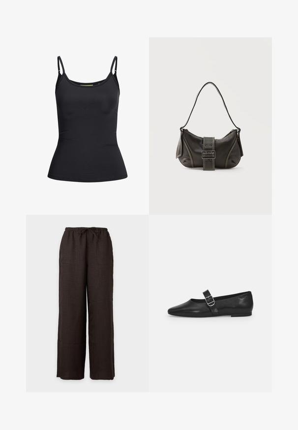 Top negro ajustado sin mangas para mujer con tirantes delgados ajustables y un ligero escote redondeado, mostrado sobre un fondo blanco.; Pantalones sueltos de color marrón oscuro con cintura elástica y cordón, con bolsillos delanteros de parche, sobre un fondo claro y liso.; Zapato plano de cuero negro con punta redondeada, una sola correa ajustable con hebilla y una textura suave y brillante. Diseño minimalista con un tacón bajo.; Bolso de hombro de cuero negro con detalle de correa con hebilla, bordes curvos y costuras blancas en contraste sobre un fondo liso.