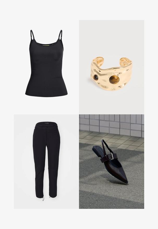 Zwart aangesloten dames top zonder mouwen met dunne verstelbare schouderbandjes en een lichte ronde hals, getoond op een witte achtergrond.; Zwarte broek met een gladde textuur, met een slimfit ontwerp, elastische tailleband, twee zakken en verstelbare manchetten met trekkoorden.; Donkerbruine platte slingback schoen met puntige neus, brede band en grote zilveren gesp, op asfalt bij een betegelde muur.; Goudkleurige manchetarmband met een gehamerd oppervlak, met twee ronde bruine tijgeroogstenen aan de voorkant.