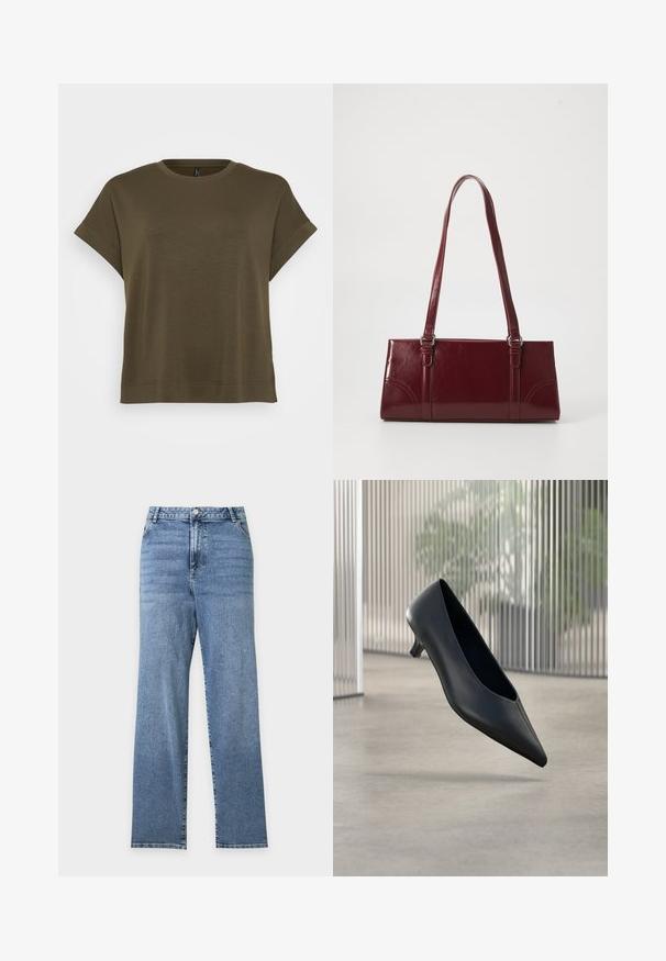 Vero Moda Curve VMCHALI - T-shirt basique - grape leaf; Jean bleu taille haute à jambes droites avec poches avant, fermeture par boutons et légère décoloration sur le haut des cuisses.; Chaussure noire à talon kitten à bout pointu flottant au-dessus d'un sol en béton lisse avec des panneaux translucides verticaux en arrière-plan.; Sac à main bordeaux en matériau brillant, de forme rectangulaire, avec deux anses et des accents légèrement courbés à l'avant.