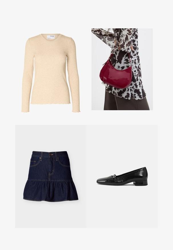 Beige geribbelde gebreide top met lange mouwen, ronde halslijn en subtiele golvende randen aan manchetten en zoom.; Donkerblauwe denim minirok met geruimde zoom, voorste knoop- en ritssluiting, en twee voorzakken met riemlussen.; Zwarte laarzen van gepatenteerd leer met een puntige neus, een lage vierkante hak en een kleine metalen gespdetail op de band. Gladde textuur.; Vrouw met een zwart-wit gebloemde blouse houdt een glanzende rode schoudertas vast tegen een effen achtergrond.
