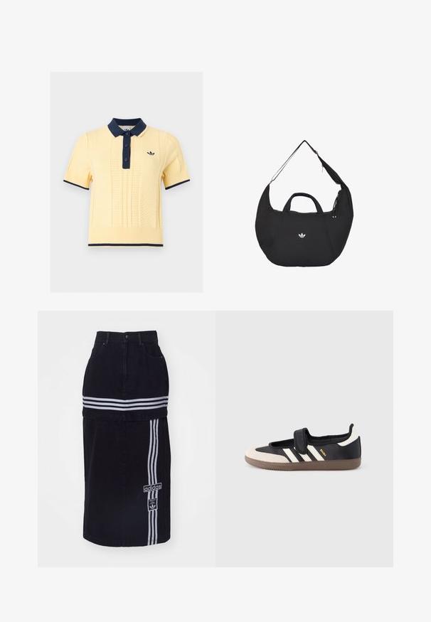 Kortærmet gul strikket polo med navy krave, knaplukning, manchetter, kant nederst og lille broderet logo på brystet.; Sort denimnederdel med høj talje, der har to hvide vandrette striber, et Adidas-logo på siden og et lige snit.; Sort og beige sko med velcrolukning, tre hvide striber på siden og en tekstureret brun gummisål. Mærkelogo er synligt.; Sort halvmåneformet Adidas taske med dobbelte håndtag og en justerbar skulderrem, der viser det hvide Adidas trefoil-logo midt for.