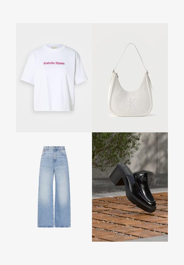 Hvid bomulds T-shirt med korte ærmer og rund halsudskæring, med "Calvin Klein" broderet i lyserøde bogstaver på forsiden.; Lyseblå højtaljede jeans med vidde i benene, lukkes foran med knapper og lynlås, for- og baglommer samt en let slidt detalje på højre lomme.; Sort læder Calvin Klein slip-on mule med blokhæl, der hviler på trætøj udendørs nær en grøn plante og en grå væg.; Hvid skuldertaske i læder med lynlås, buet form og forhøjet CK-logo prægget på forsiden.