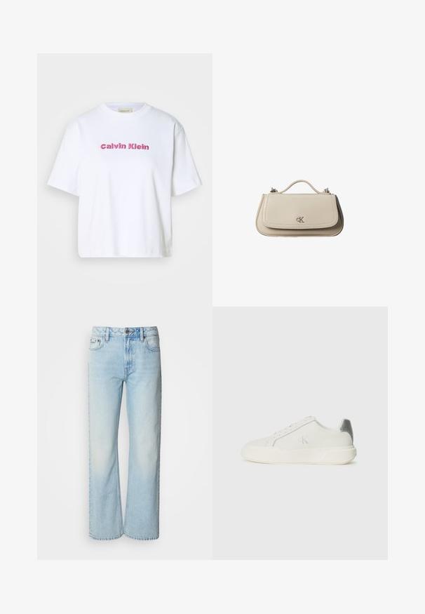 Hvid bomulds T-shirt med korte ærmer og rund halsudskæring, med "Calvin Klein" broderet i lyserøde bogstaver på forsiden.; Lyseblå brede jeans lavet af denim med et klassisk fem-lomme design og en subtil falmet tekstur. Denim-syninger er synlige.; Hvide sneakers lavet af læder med en glat tekstur, forsynet med en sølvaccent på hælen, flad sål og minimalistisk design.; Lille beige læderhåndtaske med top håndtag og sølv CK-logo på frontklap, vist mod en hvid baggrund.