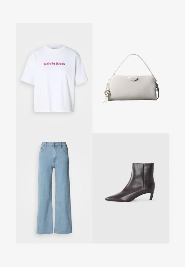 Hvid bomulds T-shirt med korte ærmer og rund halsudskæring, med "Calvin Klein" broderet i lyserøde bogstaver på forsiden.; Lyseblå vidde jeans lavet af denim, med en tætsiddende talje, fem-lomme design og subtile syningsdetaljer.; Sort læder ankelstøvle med spids tå og lav kittenhæl, glat finish, lynlås i siden, vist på en neutral baggrund.; Hvid rektangulær Calvin Klein håndtaske med enkelt håndtag, minimalistisk design og dekorative kvaster med geometrisk metalvedhæng på siden.