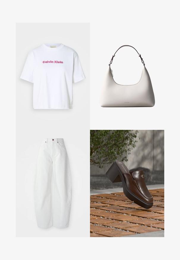 Hvid bomulds T-shirt med korte ærmer og rund halsudskæring, med "Calvin Klein" broderet i lyserøde bogstaver på forsiden.; Højtaljede hvide denimbukser med løs pasform. Har en knaplukning, sidelommer og et minimalistisk design. Glat tekstur.; Brun læder Calvin Klein hæl mule svævende over trægulv med en sløret grøn plante og væg baggrund.; Cremefarvet skuldertaske i læder fra Calvin Klein med buet topkant, sølvfarvet lynlås og mørkebrun justerbar rem.