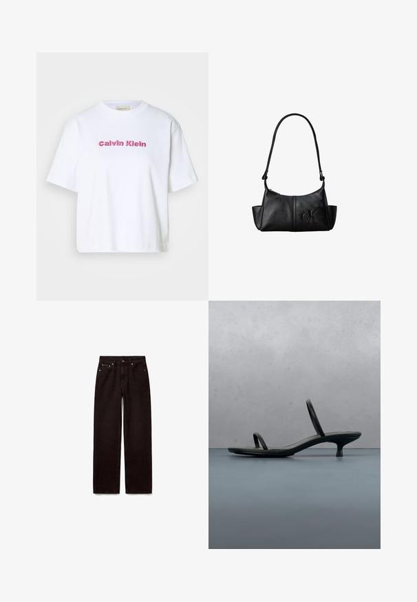 Hvid bomulds T-shirt med korte ærmer og rund halsudskæring, med "Calvin Klein" broderet i lyserøde bogstaver på forsiden.; Sorte jeans med lige ben, forreste knap og lynlås, to forlommer og bæltestropper på hvid baggrund.; Sort Calvin Klein sandal med hæl og tynde stropper, balancerende på træfliser udendørs nær en væg og grønne planter.; Sort læder skuldertaske med lang rem, sidelommer og præget Calvin Klein-logo på fronten.