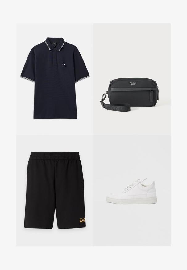 Marineblå poloshirt lavet af bomuld med klassisk krave, to-knaps placket og hvide stribede accenter på ærmerne. Lille logo på brystet.; Sorte atletiske shorts lavet af blødt stof, med en elastisk talje og et lille gult EA7-logo nederst på venstre ben.; Hvid lædersneaker med rundet tå, flad sål og snørebånd foran. Har syningsdetaljer og polstret krave for komfort.; Sort rektangulær håndledstaske med frontlynlåslomme, sølvlogoemblem og aftagelig rem med mærket tekst.