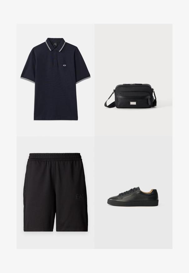 Marineblaues Poloshirt aus Baumwolle mit klassischem Kragen, zwei Knöpfen und weißen Streifenakzenten an den Ärmeln. Kleines Logo auf der Brust.; Schwarze Sportshorts aus leichtem Material, mit elastischem Bund und seitlichen Netzpaneelen. Markenlogo auf der Vorderseite gedruckt.; Schwarze, niedrig geschnittene Ledersneaker mit strukturierter Oberfläche, schwarzen Schnürsenkeln und dicker Gummisohle, seitlich auf einem hellen Hintergrund dargestellt.; Schwarze rechteckige Umhängetasche mit vorderer Reißverschlusstasche, verstellbarem Riemen und silberner rechteckiger Logo-Plakette auf einfarbigem Hintergrund.