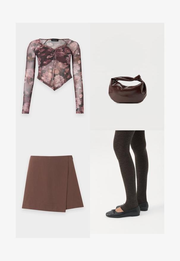 Haut à manches longues en mesh transparent avec imprimé floral rose, devant froncé avec lien, et ourlet pointu dans des tons mauve doux et marron.; Jupe trapèze marron avec un léger détail de superposition à l'avant, en tissu lisse, présentée sur un fond uni clair.; Jambes portant des leggings côtelés foncés associés à des ballerines noires avec de petits détails en nœud sur fond blanc.; Sac bandoulière en cuir marron foncé avec une forme souple et décontractée et une anse nouée torsadée sur un fond blanc uni.