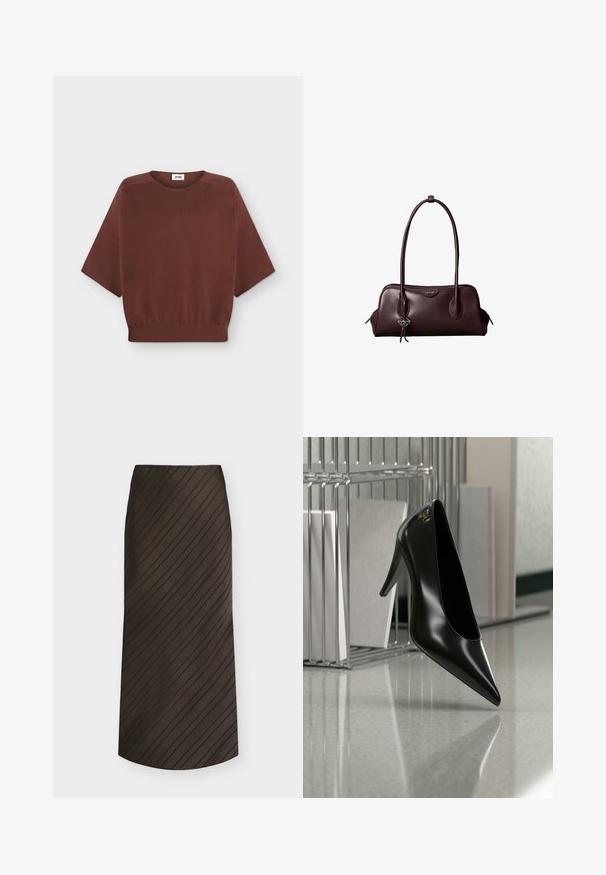 Pull marron à manches courtes avec un col rond et une taille côtelée, posé à plat sur un fond blanc.; Jupe trapèze marron foncé avec des rayures noires diagonales, longueur midi, et une ceinture simple.; Chaussure noire à talon haut avec bout pointu et logo doré, posée sur une surface réfléchissante près d'un organiseur de dossiers en fil chromé contenant des documents.; Sac à main en cuir brun foncé Calvin Klein avec de longues poignées doubles et un petit porte-clé logo suspendu à une poignée.