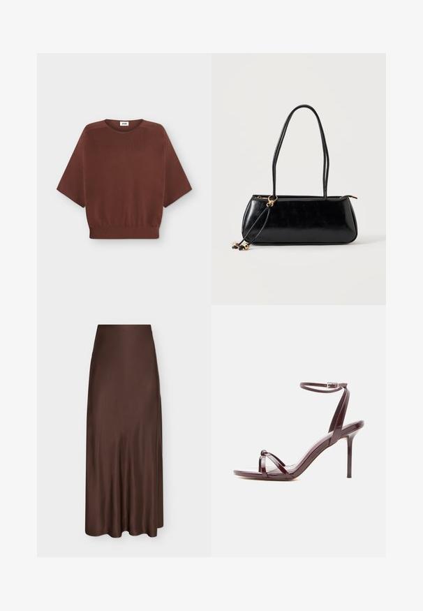 Pull marron à manches courtes avec un col rond et une taille côtelée, posé à plat sur un fond blanc.; Longue jupe en satin marron avec une finition lisse, taille haute et légère évasement à l’ourlet, présentée sur un fond clair uni.; Sandale à talon haut en cuir verni bordeaux avec fine bride à la cheville et brides croisées sur les orteils sur fond blanc.; Sac à main rectangulaire noir avec deux longues bandoulières, détail anneau doré et fermeture éclair sur un fond clair uni.