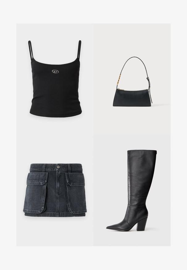 Haut caraco noir côtelé avec fines bretelles et petit logo métallique au centre. Le tissu semble extensible et près du corps.; Jupe en denim noir avec une taille ajustée, fermeture à boutons, deux grandes poches avant et des détails de coutures contrastantes.; Botte en cuir noire à hauteur de genou avec bout pointu et talon large, présentée en profil latéral gauche sur fond blanc.; Sac à main en cuir noir avec une fermeture éclair dorée et une bandoulière ajustable présentant des détails rectangulaires dorés sur fond blanc.