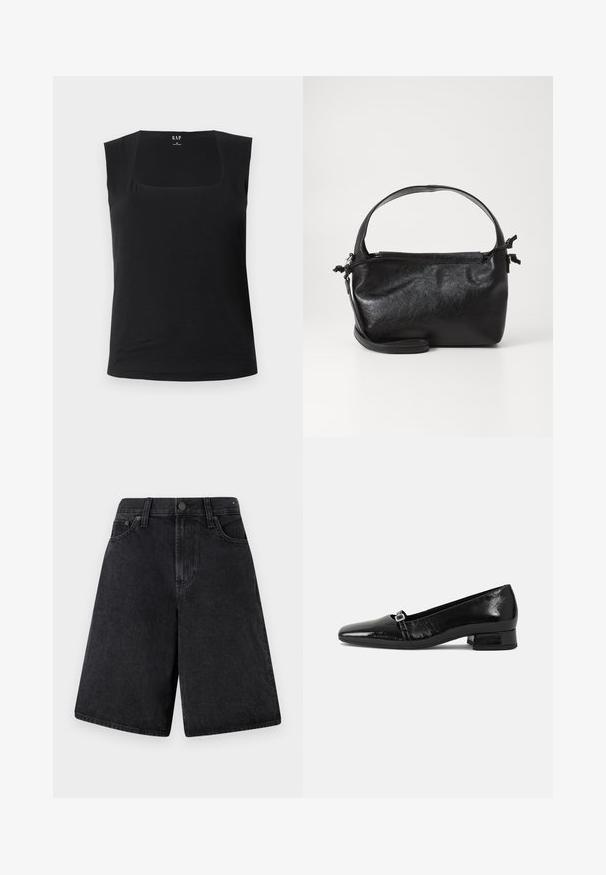 Haut sans manches noir avec un col carré. Fabriqué en tissu doux, il présente une silhouette ajustée et une texture lisse, idéal pour le superposition.; Shorts en denim noir à coupe décontractée, avec une taille haute, un design à cinq poches et une fermeture à bouton à l'avant.; Ballet flats en cuir verni noir avec un bout pointu, un petit talon carré et un détail de boucle métallique sur la sangle. Texture lisse.; Sac à main en cuir noir au design structuré, avec une poignée arrondie et une bandoulière amovible. Présente une texture lisse et un éclat subtil.