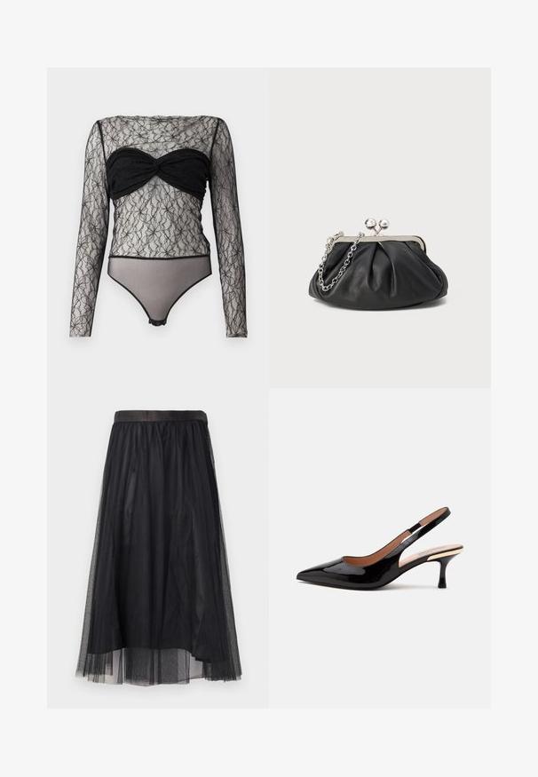 Hofmann Copenhagen PAULA - Top s dlhým rukávom - black; Čierna tylová sukňa s lesklým čiernym pásom. Má vrstvený dizajn s priesvitnou textúrou a splývavým, stredne dlhým strihom.; Čierne lakované slingback lodičky s špicatou špičkou a nízkym kitten podpätkom na bielom pozadí.; Čierna kožená kabelka s vrúbkovou textúrou, strieborným kovovým rámom, uzáverom na pobozkanie a retiazkou na nosenie. Hladký, jemný povrch.