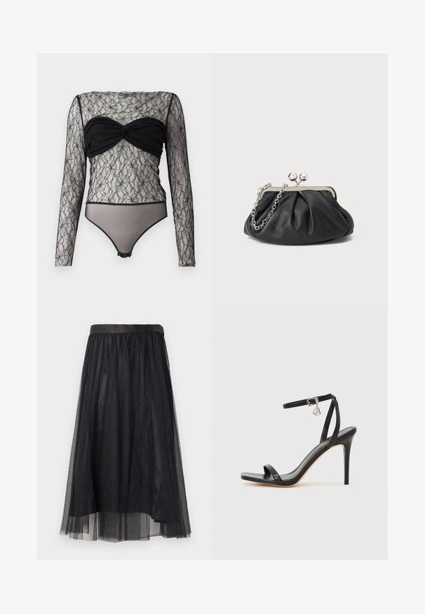 Hofmann Copenhagen PAULA - Top s dlhým rukávom - black; Čierna tylová sukňa s lesklým čiernym pásom. Má vrstvený dizajn s priesvitnou textúrou a splývavým, stredne dlhým strihom.; Čierna sandála na vysokom opätku s úzkym remienkom okolo členka, štvorcovou špičkou, hladkým koženým materiálom a kovovým zapínaním.; Čierna kožená kabelka s vrúbkovou textúrou, strieborným kovovým rámom, uzáverom na pobozkanie a retiazkou na nosenie. Hladký, jemný povrch.