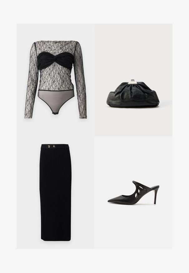 Hofmann Copenhagen PAULA - Langærmet T-shirt - black; AERON FORUM - Pencil skirt - black; Sorte læder højhælede mules med spids tå, udskåret sideskærm og glat tekstur. Stiletthæl og subtil syning.; Sort læderclutch med en samlet tekstur, metal lukning og diskret præget logo på forsiden. Rundet form.