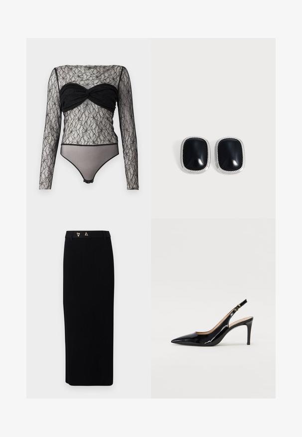 Hofmann Copenhagen PAULA - Langærmet T-shirt - black; AERON FORUM - Pencil skirt - black; Sort patenteret læder slingback stiletto med spids tå, slank hæl og et subtilt udskæringsdesign. Har en gylden spænde på remmen.; Par af rektangulære sølvøreringe med glatte sorte midtersten på en ensfarvet lys baggrund.