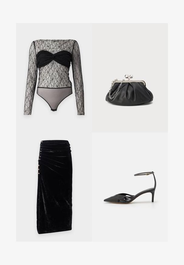 Hofmann Copenhagen PAULA - Langærmet T-shirt - black; Rabanne Pencil skirt - black; Sort læder højhælet sko med spids tå, åbne sider og en tynd ankelrem med en lille guld detalje.; Sort læder clutch med samlet tekstur, sølvfarvet metalramme, kys-lås lukning og kædestrop. Glat, blød overflade.