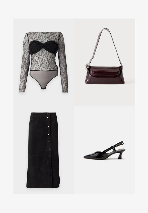 Hofmann Copenhagen PAULA - Longsleeve - black; Zwarte suède midi-rok met zilveren drukknoopjes aan de voorkant en een zijsplit, rechte pasvorm en hoge taille.; Zwarte lakleren slingback kitten heel schoen met spitse neus en verstelbare gouden gespsluiting op een witte achtergrond.; Donker bordeauxkleurige leren schoudertas met klep en een smalle verstelbare riem, weergegeven op een effen lichte achtergrond.