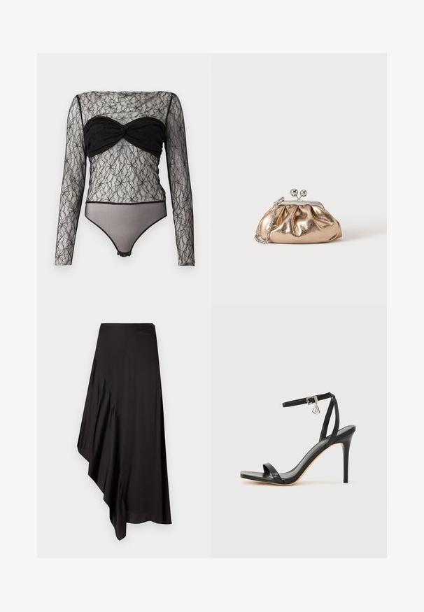 Hofmann Copenhagen PAULA - Langærmet T-shirt - black; AERON ASTER SKIRT - Pencil skirt - black; Sort hæl-sandal med smal ankrem, firkantet tå-boks, glat lædermateriale og metalspænde som pynt.; Lille gylden metalisk clutch taske med sølvspænde og kæderem på ensartet lyst baggrund.