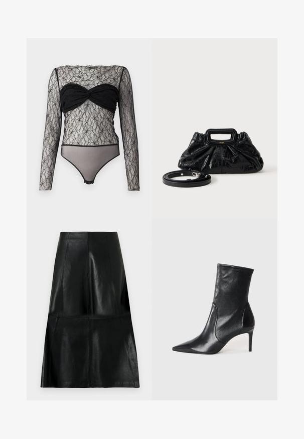 Hofmann Copenhagen PAULA - Longsleeve - black; Zwarte leren rok tot op de knie met gestikte verticale en horizontale paneelnaden, licht uitlopend aan de onderkant.; Zwarte enkelboots van soepel leer, met een spitse neus, een aangesloten schacht en een slanke hoge hak. Minimalistisch ontwerp zonder zichtbare hardware.; Kleine zwarte leren handtas met geplooide textuur, rechthoekige handgreep en afneembare dunne schouderriem ernaast geplaatst.