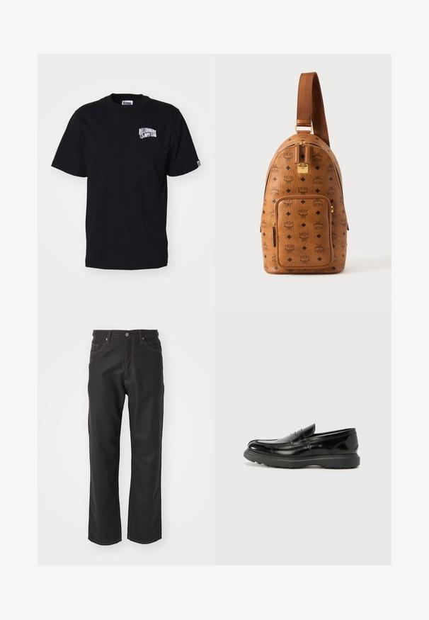 Camiseta de algodón negra con cuello redondo y mangas cortas. Presenta un logo impreso blanco en el área del pecho izquierdo. Diseño simple, corte estándar.; Jeans de mezclilla negra con corte recto, adornados con costuras naranjas en contraste, diseño de cinco bolsillos y cierre clásico de botón.; Mocasín de cuero negro con un acabado brillante, punta redondeada, detalles de costura sutiles y una suela de goma gruesa para mayor durabilidad.; Mochila bandolera de cuero marrón con patrón de diamante negro y logo MCM, bolsillo delantero con cremallera, cremallera dorada y correa ajustable.