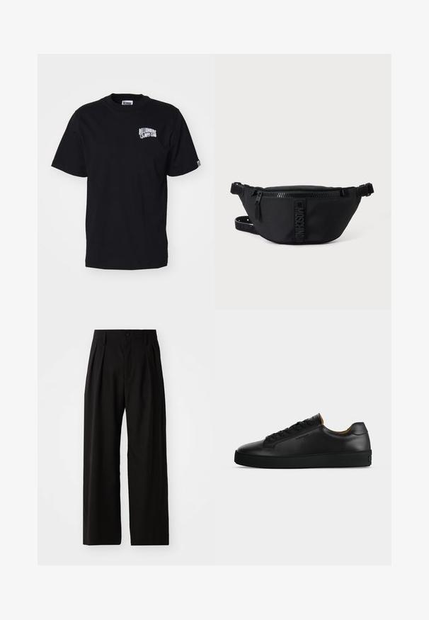 Camiseta de algodón negra con cuello redondo y mangas cortas. Presenta un logo impreso blanco en el área del pecho izquierdo. Diseño simple, corte estándar.; Pantalones de pierna ancha negros con una textura suave, que cuentan con dos pliegues frontales, cierre de botón y bolsillos laterales. Tejido duradero.; Zapatilla negra de piel de corte bajo con cordones negros, suela de goma texturizada y pequeño logo en relieve en el lateral, mostrada de perfil sobre fondo gris.; Bolsa de cintura negra Moschino con cremallera frontal y correa ajustable sobre un fondo liso claro.