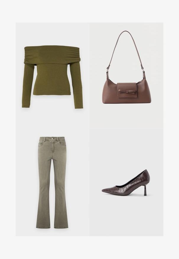 Olijfgroene off-shoulder lange mouw top met gerimpelde details, gemaakt van zachte stof, met een getailleerde pasvorm en een rechte zoom.; Recht gesneden olijfgroene spijkerbroek met knoopsluiting aan de voorkant, riemlussen en ontwerp met vijf zakken, weergegeven op een effen achtergrond.; Bruine nepleren pumps met een puntige neus en krokodillenstructuur, voorzien van een slanke, hoekige hak en een gladde binnenvoering.; Bruine leren schoudertas met een voorvak met klep en een gestikte strikdetail en een verstelbare band.