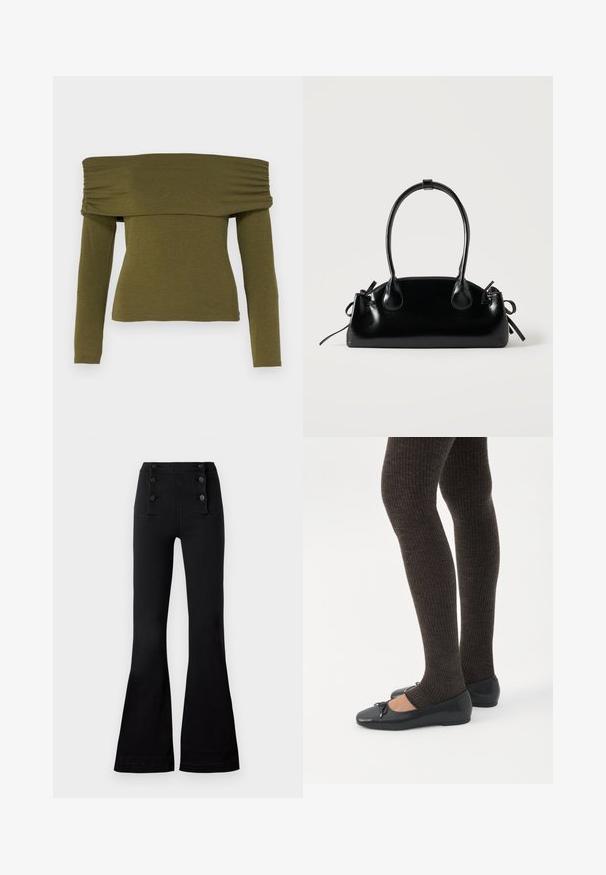 Olijfgroene off-shoulder lange mouw top met gerimpelde details, gemaakt van zachte stof, met een getailleerde pasvorm en een rechte zoom.; Zwarte flared jeans met een hoge tailleband, voorzien van vier decoratieve knopen aan de voorkant en een gladde textuur.; Benen met donkere geribbelde leggings gecombineerd met zwarte ballerina's met kleine strikdetails op een witte achtergrond.; Kleine zwarte glanzende handtas met twee lange hengsels en zijkant trekkoord details op een effen lichte achtergrond.