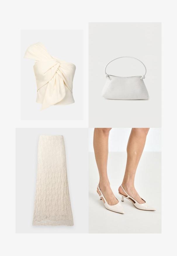 Crème top met één schouder, gemaakt van een soepele stof, met een grote gedraaide knoopdetail aan de voorkant en een aansluitende pasvorm.; Lange crèmekleurige kanten rok met een gestructureerd bloemenpatroon en een rechte silhouet.; Beige gepatineerde leren slingback hakken met een spitze neus en een hak van 5 cm, met uitsparingen aan de zijkanten en een dunne enkelband.; Witte handtas van gevlochten leer met een afgeronde handgreep en uiteinden van de band die geknoopt zijn, afgebeeld tegen een effen achtergrond.