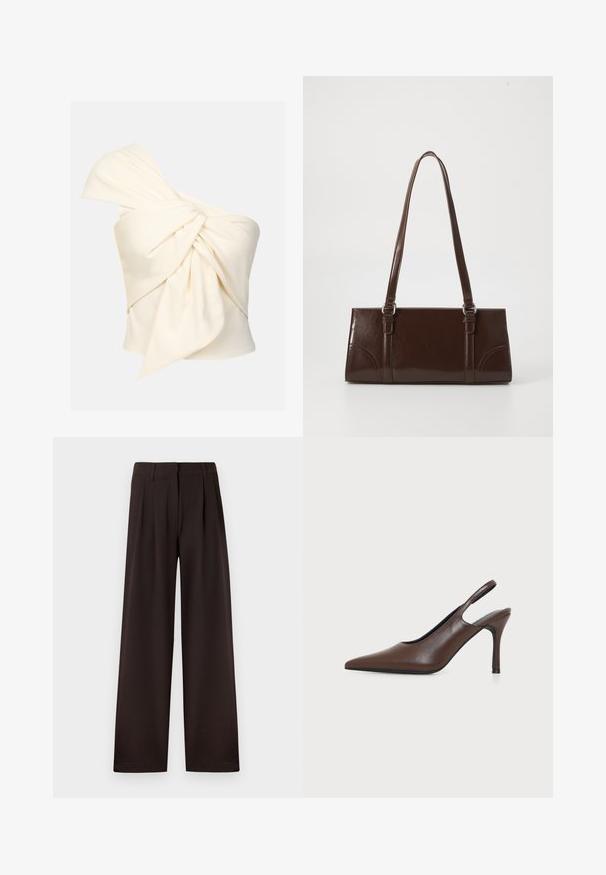 Crème top met één schouder, gemaakt van een soepele stof, met een grote gedraaide knoopdetail aan de voorkant en een aansluitende pasvorm.; Donkerbruine wijde pantalon met plooi en riemlussen, voorzien van een voorrits en een nette zoom tegen een effen achtergrond.; Bruine leren slingback pumps met spitse neus en dunne naaldhak op een effen lichte achtergrond.; Bruine lakleren handtas met een rechthoekige vorm, twee lange handvatten en subtiele gebogen accenten aan de voorkant.