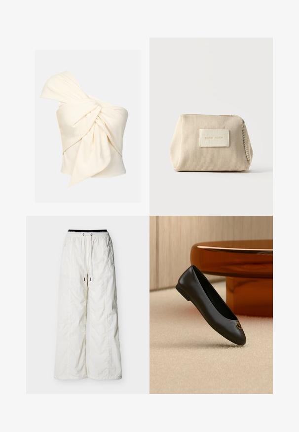 Crème top met één schouder, gemaakt van een soepele stof, met een grote gedraaide knoopdetail aan de voorkant en een aansluitende pasvorm.; Witte broek met wijde pijpen, elastische tailleband, trekkoord en ritssluitingen in de zijzakken, weergegeven tegen een effen achtergrond.; Zwarte leren ballerina met een ronde neus en een gouden logo-embleem nabij de neus, weergegeven tegen een beige tapijt en bruine meubelachtergrond.; Beige geribd stoffen zakje met rits aan de bovenkant en rechthoekige patch met reliëftekst aan de voorkant, afgebeeld tegen een effen witte achtergrond.
