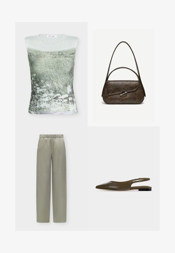 Haut sans manches avec un motif doux et discret d'un champ herbeux et de fleurs sauvages blanches sur un fond clair.; Pantalon ample gris clair avec taille élastique et jambes droites, présenté sur un fond blanc uni.; Chaussure plate à bout pointu vert olive avec bride arrière, talon noir bas et finition lisse et brillante.; Sac à main en cuir brun foncé texturé avec deux anses, forme rectangulaire arrondie, et fermeture à bouton circulaire argenté sur le rabat avant.