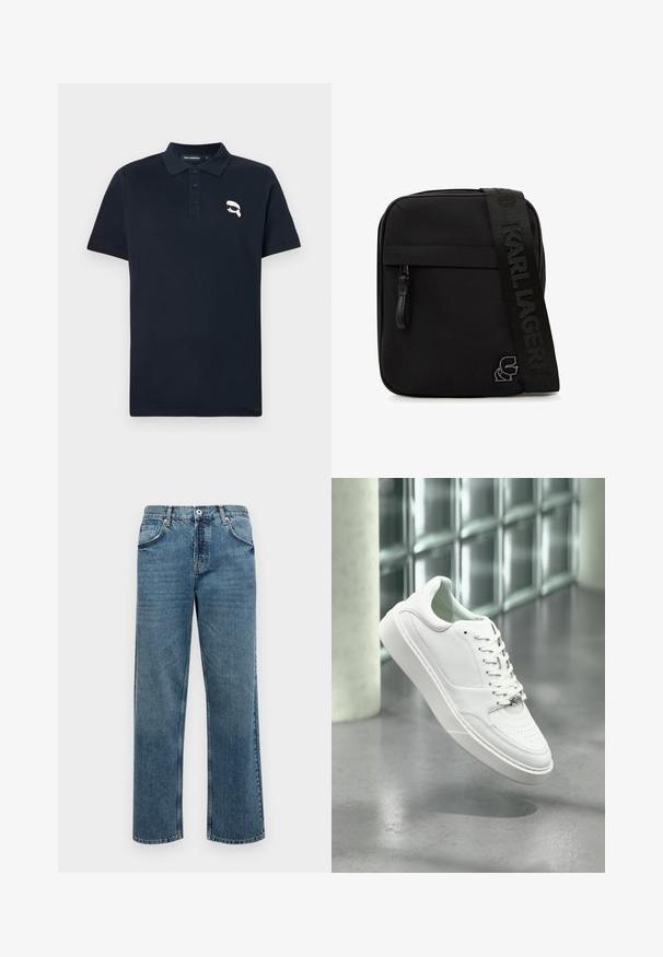 Dunkelblaues Poloshirt aus Baumwolle, mit einer Knopfleiste mit drei Knöpfen und einem kleinen weißen Grafiklogo auf der linken Brust.; Blaue Jeans aus Denim mit geradem Schnitt, ausgestattet mit fünf Taschen, einem Knopf- und Reißverschluss sowie sichtbaren Nähten.; Weißer Ledersneaker mit abgerundeter Spitze, Schnürverschluss und flacher Gummisohle. Verfügt über perforierte Details und dezentes Logo-Akzent.; Schwarze Crossbody-Tasche mit vorne liegender Reißverschlusstasche, breitem, mit „KARL LAGERFELD“ geprägtem Träger und Metall-Logodetail an der unteren Ecke.