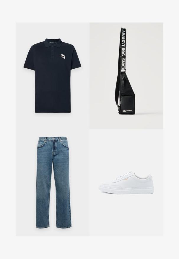 Marineblå polo-shirt lavet af bomuld, med en tre-knap lukning og et lille hvidt grafisk logo på venstre bryst.; Blå denimjeans med lige pasform, der har fem lommer, en knap- og lynlåslukning samt synlige stikninger.; Hvide lædersneakers med glat tekstur, rund tå og ton-i-ton syning. Har blå snørebånd og et gult logo på siden.; Sort crossbody taske med lynlåslomme foran og justerbar rem med teksten "KARL LAGERFELD JEANS" i hvide bogstaver.